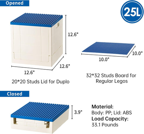 SHIMOYAMA Folding Storage Box for Duplo Blocks, 26 Qt. Foldable Toy Container, Blue with Building Lid