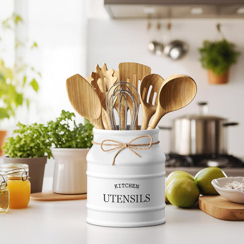 Barnyard Designs Ceramic Farmhouse Utensil Holder for Kitchen Counter, Large Rustic Utensil Crock, 6.75” (White)