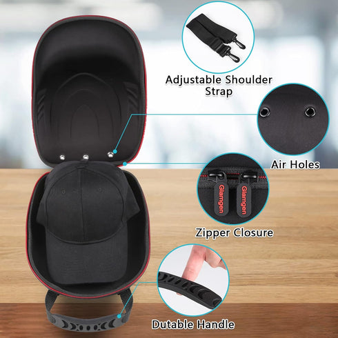 Glamgen Hard Hat Case for Baseball Caps, Travel Carrier with One Black Cap, Adjustable Shoulder Strap