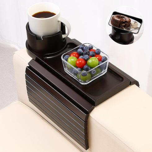 Couch Cup Holder,Bamboo Couch Arm Tray with 360 Rotating Cup Holder,Foldable Anti-Slip