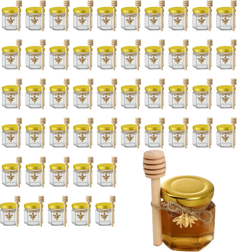 50 Pack 1.5 oz Hexagonal Glass Honey Jars in Bulk with Wooden