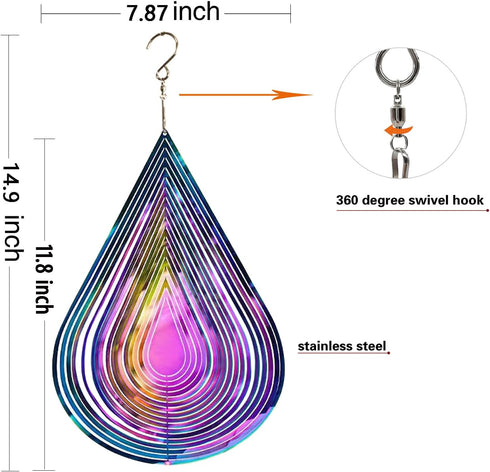 Wind Spinner Outdoor Metal 3D Hanging Yard Garden Decor Gifts, Stainless Steel Water Drop-Shaped Spinners