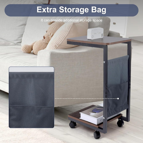 comfoyar C Shaped End Table with Wheels, Small Side Table for Couch with Storage Bag, Slide Under Sofa Side Table TV