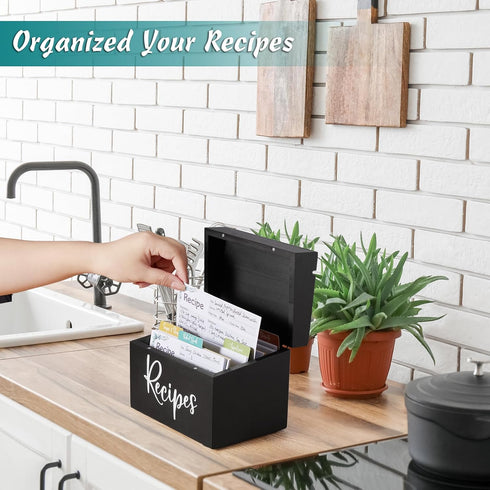 Recipe Box, Wooden Organizer with 50 Recipe Cards 4"x6" & 6 Dividers, Write in Your Own Recipes