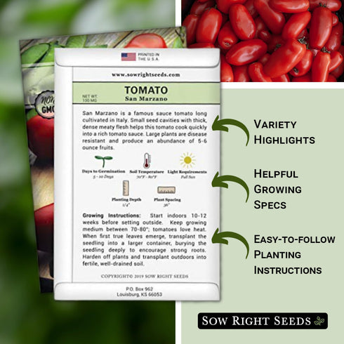 Packet (1) Sow Right Seeds - San Marzano Tomato Seeds for Planting - Non-GMO Heirloom with Instructions to Plant a Home