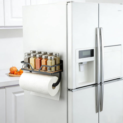 SUNTECH Magnetic Paper Towel Holder for Fridge, Black Kitchen Roll Holder with Shelf Wall Mount, Magnetic Spice Rack