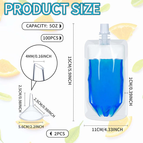 Seeloowy 100 (5 oz) Pcs Plastic Pouches Bulk Clear Juice Bags Squeeze Pouches Plastic Leak Proof Bags with Funnel