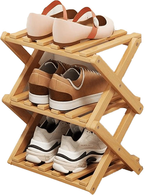 3 Tier Natural Bamboo Shoe Rack,Foldable Space Saving Shoe Storage Organizer,Easy Assembly