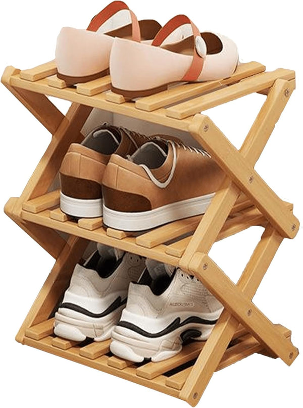 3 Tier Natural Bamboo Shoe Rack,Foldable Space Saving Shoe Storage Organizer,Easy Assembly
