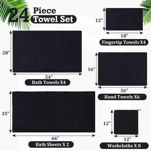 24 Set: 2 4 6 8 4 Mixweer Piece Black Microfiber Absorbent Towel Oversized Bath Sheets, Bath Towels, Hand, Washcloths