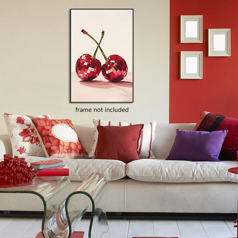 xbsifyiooa 24x36in Trendy Disco Ball Print Poster, Funky Disco Cherries Art Canvas, Pink Cherries Picture, Fruit Wall