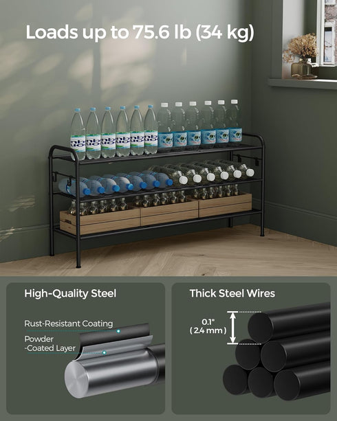 3-Tier 4 16 Closet, ULMR138B01 SONGMICS Shoe Rack, Shoe Organizer, Metal Shoe Shelf Storage with Side Hooks, Holds