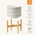 7.3 Inch LA JOLIE MUSE Ceramic Plant Pot with Wood Stand - Modern Round Decorative Flower Pot Indoor with Wood Planter