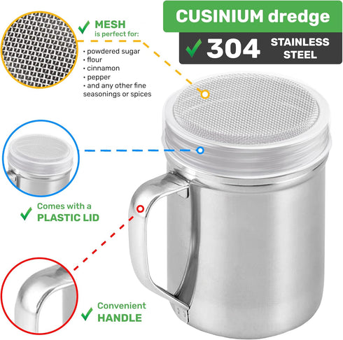 6 pack 2 CUSINIUM Powdered Sugar Shaker Duster - With Handle - Cinnamon Shaker For Coffee Bar - Fine Mesh Dredge