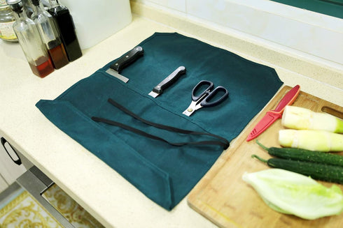 Denifiter Heavy Duty Waxed Canvas Chef Knife Storage Roll Bag, Waterproof and Durable (Dark Green)