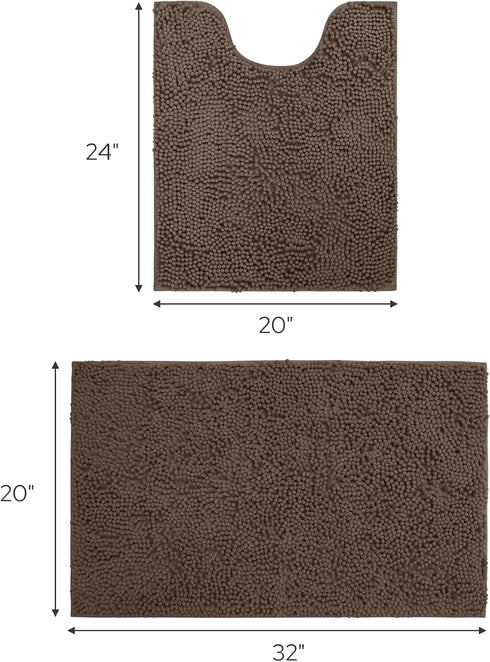 HOMEIDEAS Bathroom Rugs Set - 2 Pieces Ultra Soft Non Slip Absorbent Chenille Bath Mat Set (Brown)
