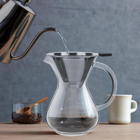 Pour Over Coffee Maker, Reusable 400ml Borosilicate Glass Hand Drip Manual Dripper Brewer Pot with Scale, Portable for