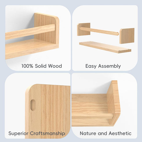 16.5 Inch Set 3 Floating Wall Nursery Book Shelves for Bedrooms Kids Natural Color Wooden Baby Book Shelf for Kids