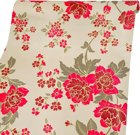 LovingWay 14.7 feet Wallpaper Roll, Red Peony Floral Shelf Liner, 17.7x177 Inch for Home Storage