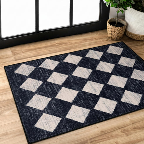 Lahome Zelie Moroccan Trellis Area Rug, 2x3 Small Black Checkered Entryway Rug