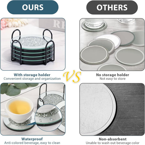 6 Set, 4 Inches Pcs Glass Mirrored Coasters for Drinks with Holder, Mckanti Crushed Diamond Coaster Silver Crystal Wine