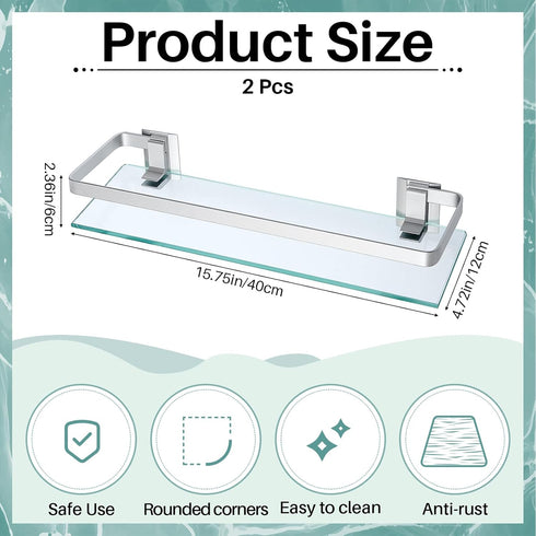 Ripeng 2 Pieces Bathroom Glass Floating Glass Corner Shelf Aluminum Tempered Wall Shelves Rectangular Rustproof Wall