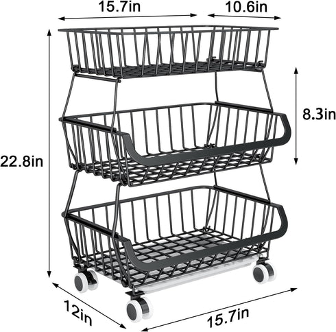 Mchoter 3-Tier Potatoes,1 Pack Rolling Pantry Floor Organizer, Stackable Pantry Storage Cart with Wheels, Metal Wire