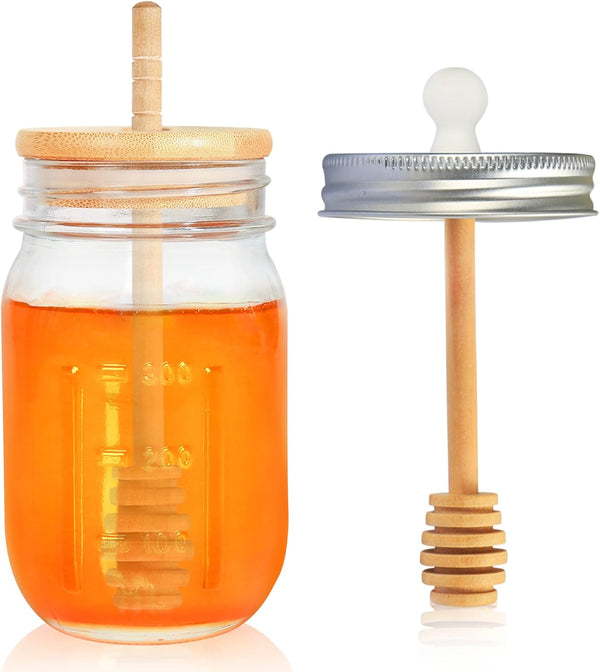GIVAMEIHF 16oz Glass Honey Jar with Dippers Stick Set,Honey Pot with Dipper