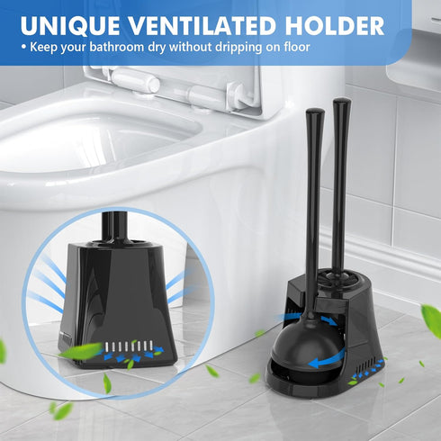 Toilet Plunger and Brush Set | Heavy Duty Toilet Plunger with Ventilated Holder, 2-in-1 Toilet Brush and Plunger Combo