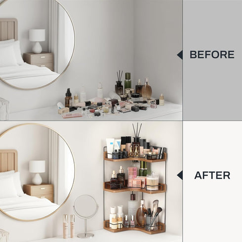 Snuvid 3-Tier Counter Countertop Bathroom Organizer, Wooden Corner Shelf for Vanity Skincare & Makeup, Storage