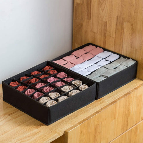 Qozary 2 Pack Drawer Organizer Divider, 24 Cell or 16 Cell Collapsible Storage Boxes for Socks, Lingerie, Clothes