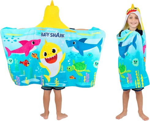 Franco Baby Shark Soft Cotton Terry Hooded Towel Wrap, 24 in x 50 in, Kids Bath/Pool/Beach