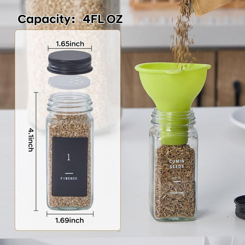 24 576 4oz Glass Spice Jars with Labels-Spice Jars with Black Metal Caps, Empty Square Spice Containers with Shaker
