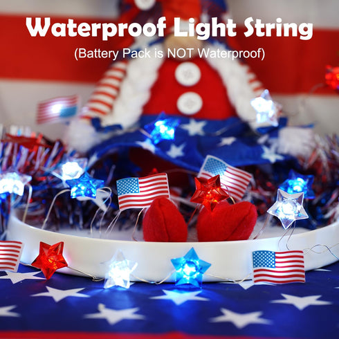 Libreath 4th 13FT 40LED of July Decorations Red White and Blue Star American Flag Lights Fairy String Lights Battery