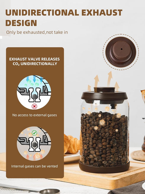 Glass Coffee Jar for Coffee Bar, 900 ml Pop Top Airtight Container with CO2 Valve, 30 Oz Coffee Storage Canister, Brown