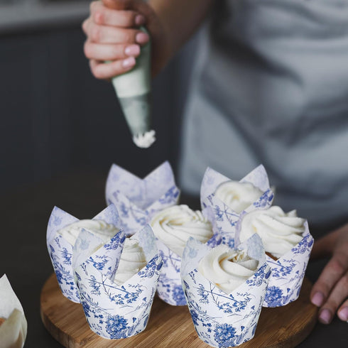 Whaline 200Pcs Blue Floral Cupcake Liners, Chinoiserie Muffin Baking Wrappers for Bridal, Baby Shower, Wedding,