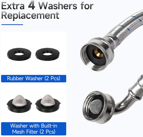 JUWO 6 FT Washing Machine Hoses with 90 Degree Elbow, 3/4" FHT Stainless Steel Washer Hoses for Water Supply, Red & Blue