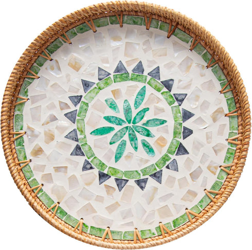 Round Rattan Tray Home Decor, 12'' Wicker Serving Tray with Mother of
