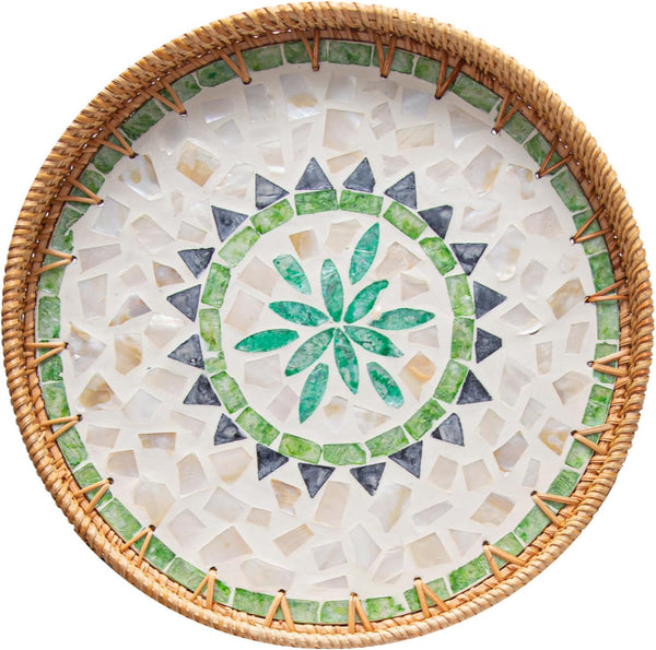 Round Rattan Tray Home Decor, 12'' Wicker Serving Tray with Mother of
