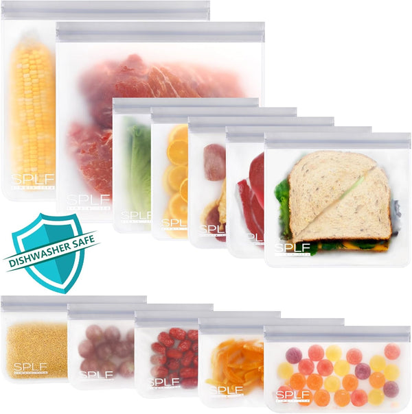 SPLF 12 Pack Dishwasher Safe Reusable Storage Bags, Extra Thick Freezer Bags, Leakproof Silicone and Plastic Free