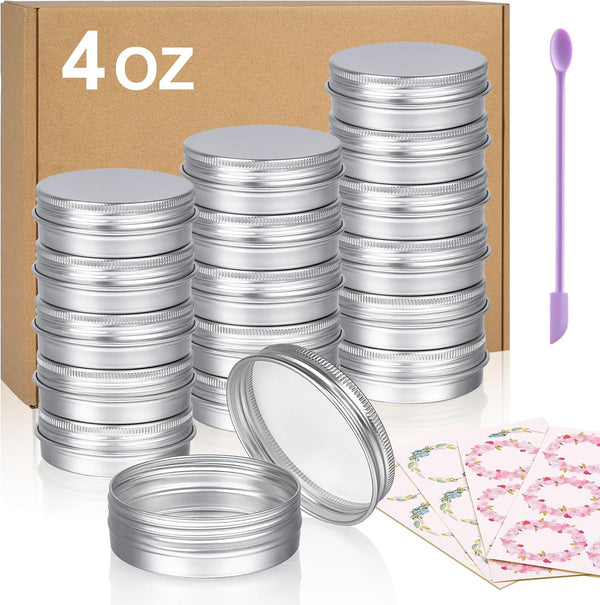 Aluminum Tin Cans, 24pcs 4 OZ Metal Round Tins Containers with 4pcs Stickers & Double-ended Scraper Set for Candle