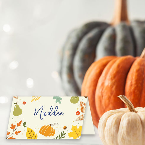 Koko Paper Co Thanksgiving Place Cards with Pumpkin and Autumn Foliage, Pack of 50 Tent Style Cards for Fall Events