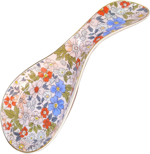 Ceramic Spoon Rest for Stove Top Large Spoon Holder Farmhouse Spoon Rest for Kitchen Counter Floral Coffee Spoon Rest Flowers Print Cooking Utensil Tools Rest Modern Farmhouse Kitchen Decor