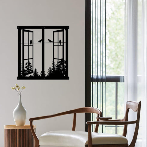 Resama Metal Wall Art, Birds In the Window Landscape Wall Hanger, Mountain and Forest Nature Decor, Unique Large Wall