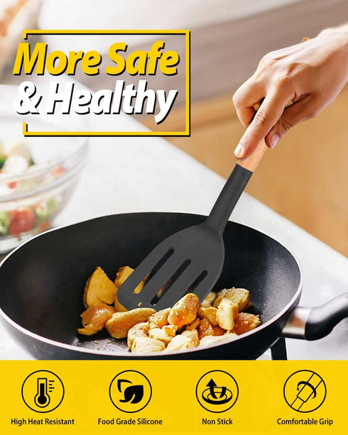 Pack of 2 Silicone Cooking Spatula - Heat Resistant Solid Turner, Non Stick Slotted with Wooden Handle, Ideal Utensils