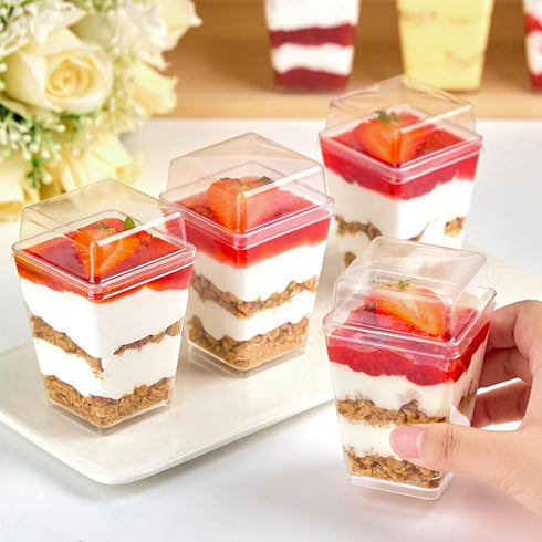 50 Pack 5 oz Qeirudu Dessert Cups with High Lids and Spoons, Mini Plastic Yogurt Parfait Cups Square Party Serving Cup