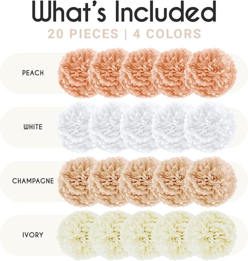 EPIQUEONE 20 Pieces Tissue Paper Pom Poms in Blush Pink, Dusty Rose, Mauve, Cream - Party Decorations (White, Ivory,
