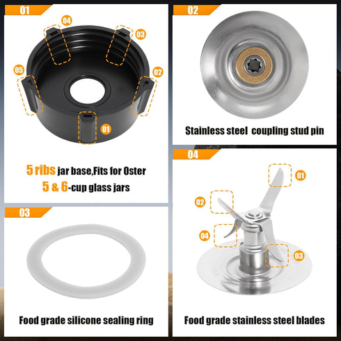 Blender Blade for Oster Osterizer, Sealing Ring Gasket, 4902 Jar Bottom Coupling Stud Pin Kit, Glass Jar Replacement