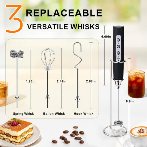 YUSWKO Black Handheld Milk Frother Wand with Stand, Rechargeable Electric Whisk with 3 Heads, 3 Speeds Drink Mixer