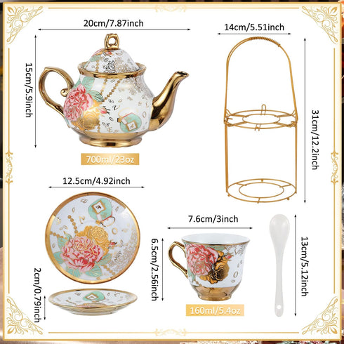 Zhehao 20 Set Set Pcs Porcelain Tea with Metal Holder and Spoon Adult Ceramic Tea European Flower Painting Teapot Cup